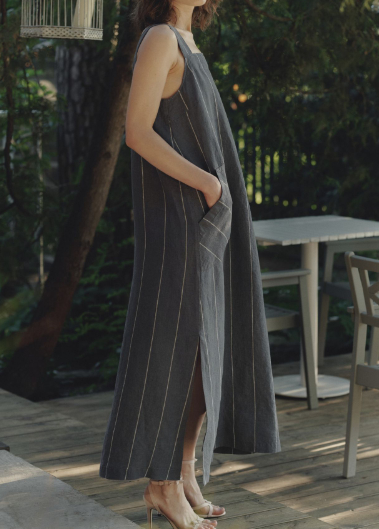 Fustan Lino Fugue – Dark Grey with White Stripe