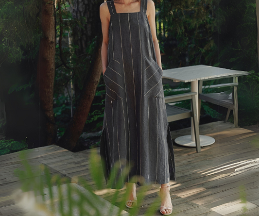 Fustan Lino Fugue – Dark Grey with White Stripe