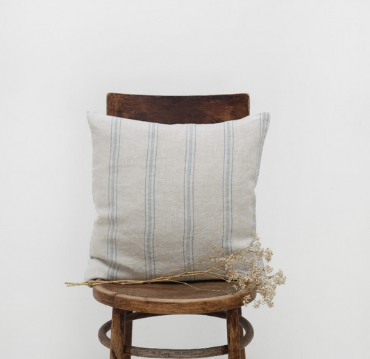 Këllëf jastëku Rustic prej liri me vija gri-blu të gjera
