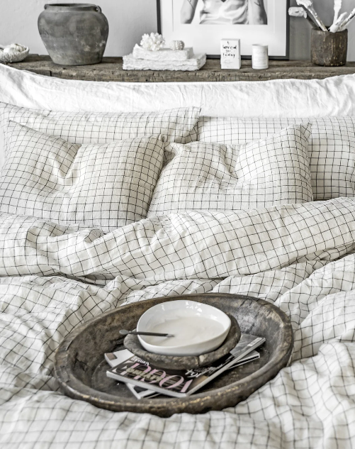 Set Hotelieri Premium – 100% Liri me Kuadrate Gri të Errët (Stone-Washed)