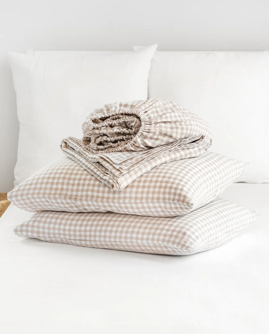 Set Hotelieri Premium – 100% Liri me Kuadrate Natyrale (Gingham) (Stone-Washed)