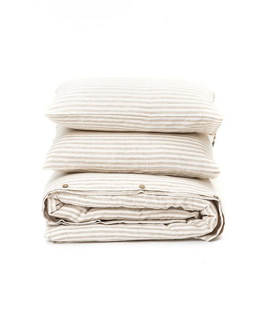 Set Premium Mbulesë Jorgani 100% Liri me Vija Natyrale dhe të Bardha (3 Copë)