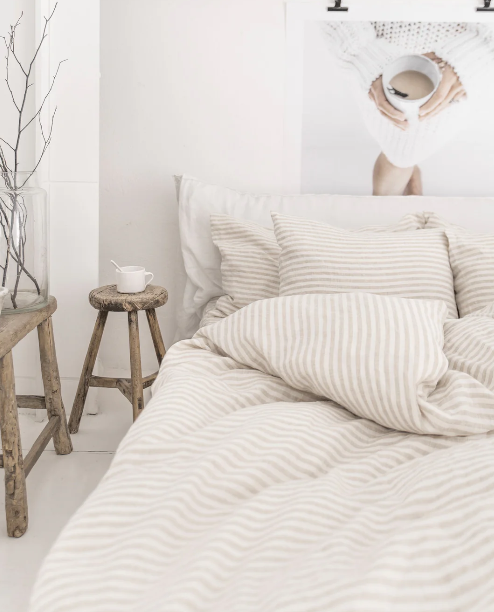 Set Premium Mbulesë Jorgani 100% Liri me Vija Natyrale dhe të Bardha (3 Copë)