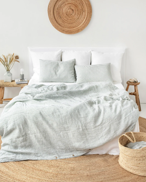 Set Premium Mbulesë Jorgani 100% Liri me Vija Jeshile (3 Copë)