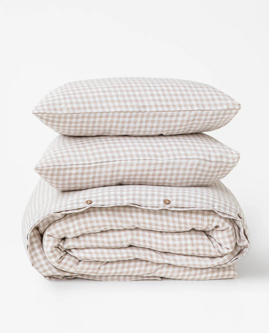 Set Premium Mbulesë Jorgani 100% Liri me Kuadrate Natyrale (Gingham) (3 Copë)