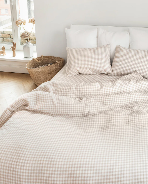 Set Premium Mbulesë Jorgani 100% Liri me Kuadrate Natyrale (Gingham) (3 Copë)