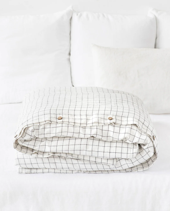 Mbulesë Jorgani Premium 100% Liri me Kuadrate Gri të Errët