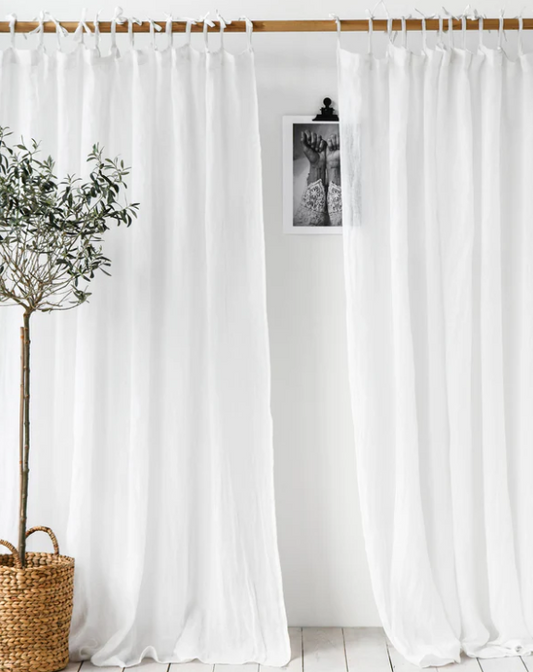 Panel Perdeje e Hollë 100% Liri me Lidhje (Tie Top) - 1 Copë - E Bardhë